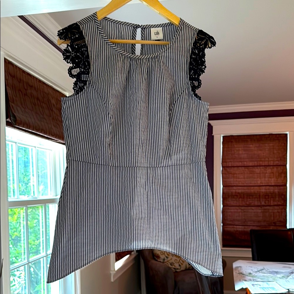 CAbi Navy and White Striped Blouse with Lace cap sleeves